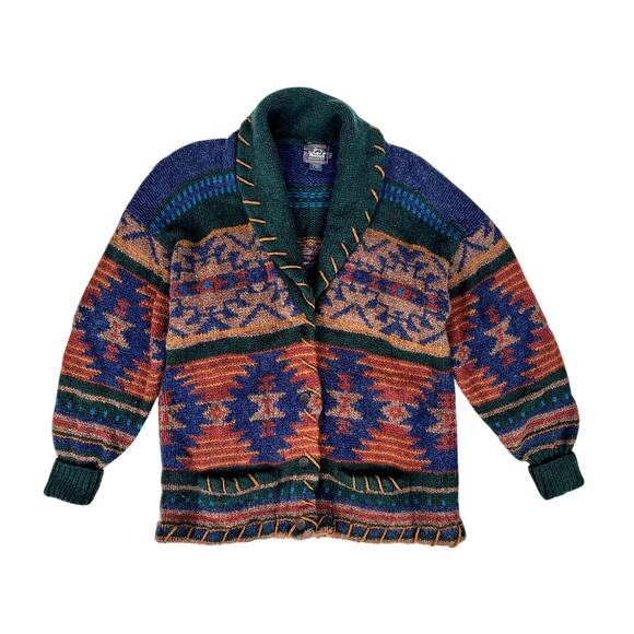 VTG 90s Woolrich Sweater Aztec Design Shawl Collar Cardigan Men's Sz L - Picture 1 of 8